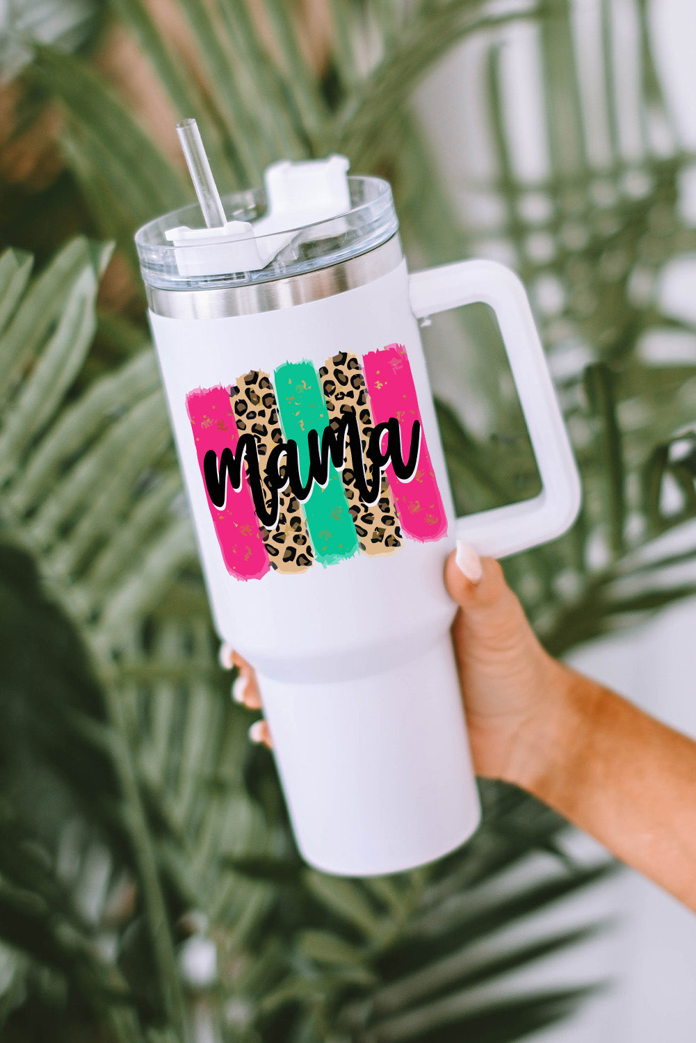 White mama Leopard Colorblock Handle Portable Cup 40oz - The Red Leopard Boutique 