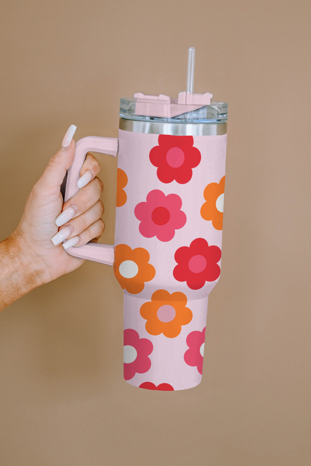 Multicolor Flower Print Handled Stainless Steel Vacuum Cup - The Red Leopard Boutique 