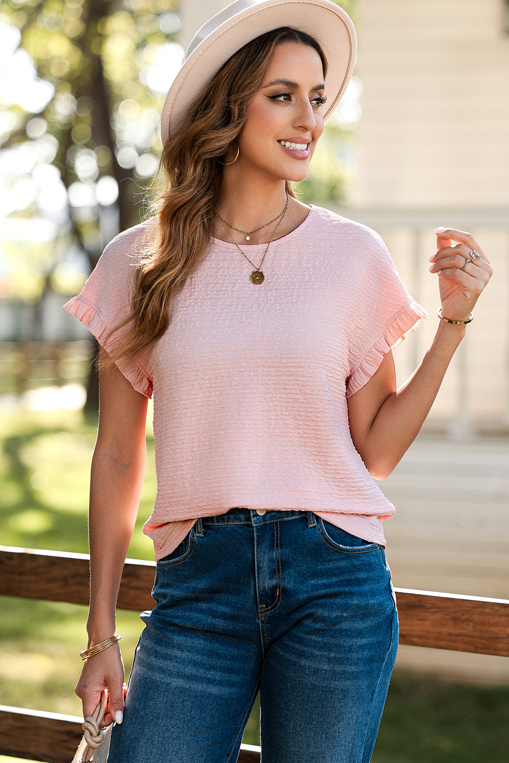 Light Pink Solid Textured Ruffled Short Sleeve Blouse