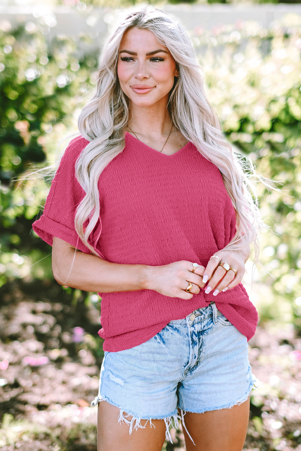 Bright Pink Textured Rolled Sleeve V Neck Tee