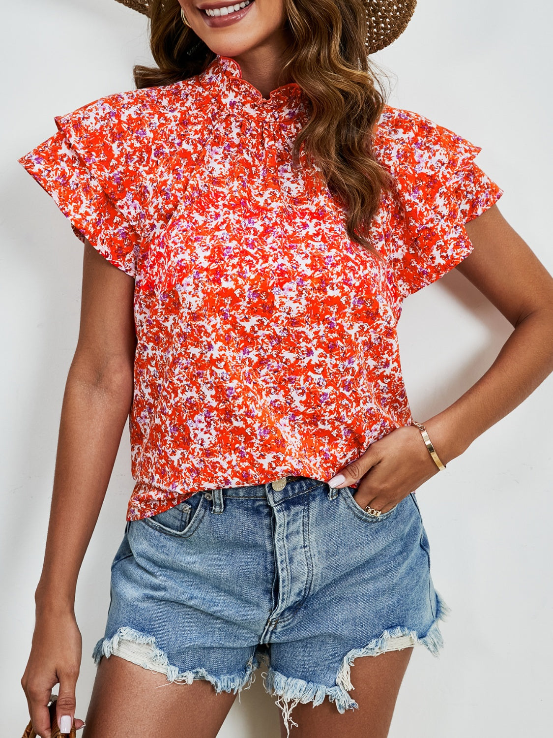 Ditsy Floral Mock Neck Flounce Sleeve Blouse