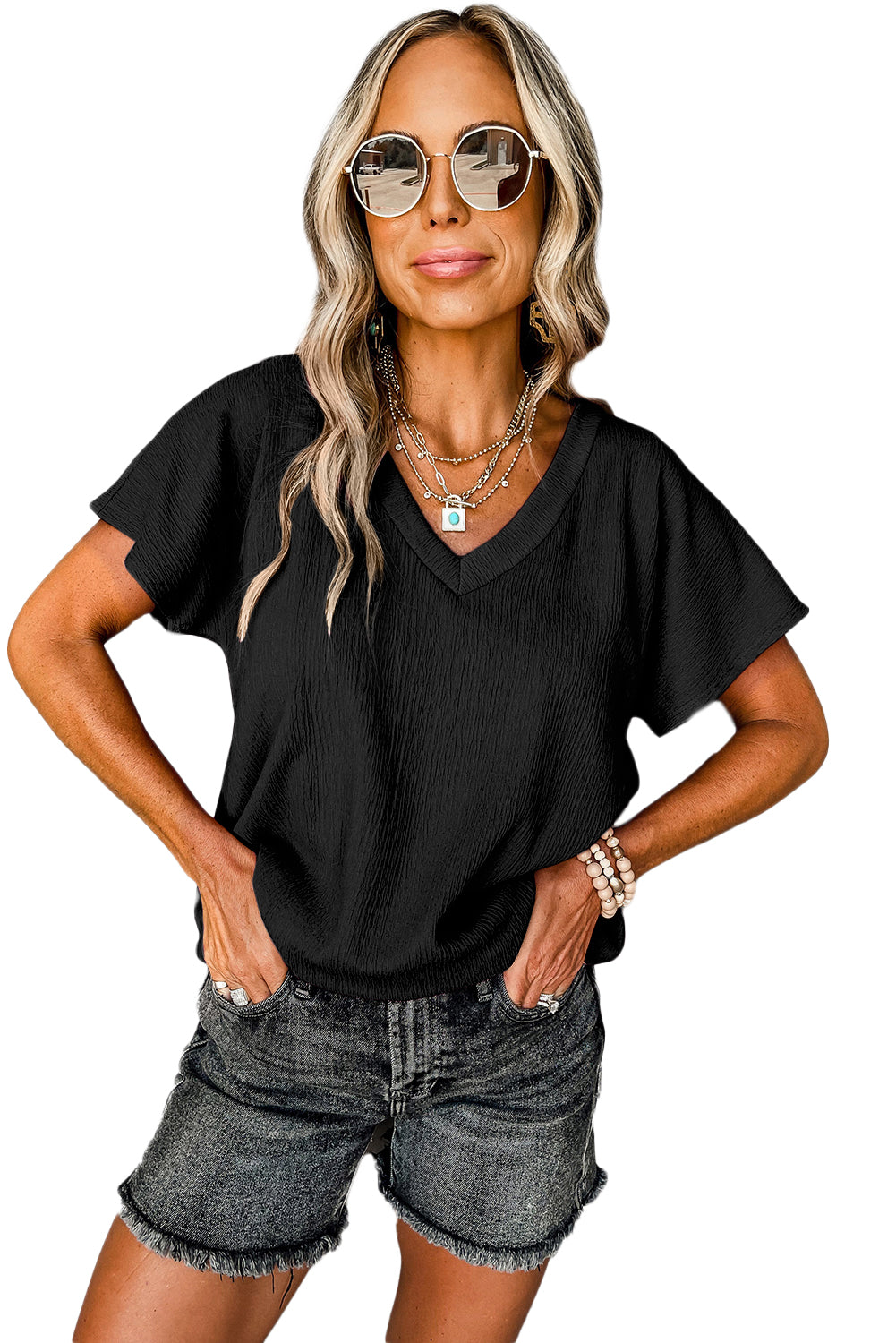 Black Plain Crinkled V Neck Short Sleeve Blouse