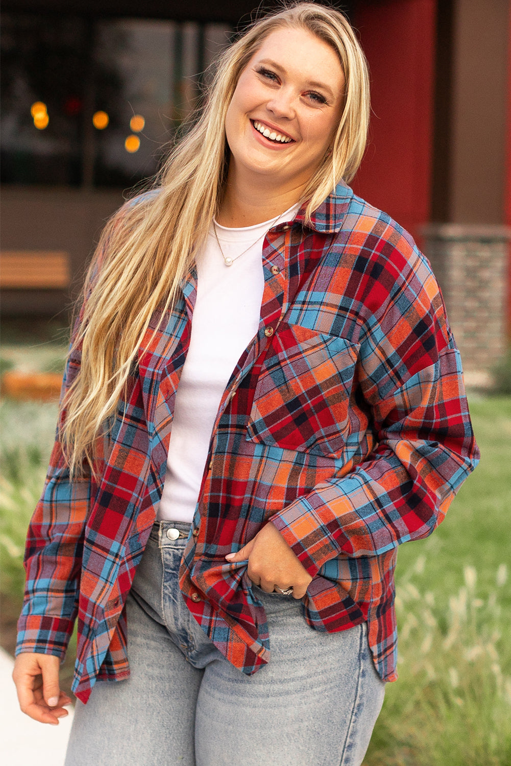 Orange Plus Size Plaid Print Buttoned Shirt