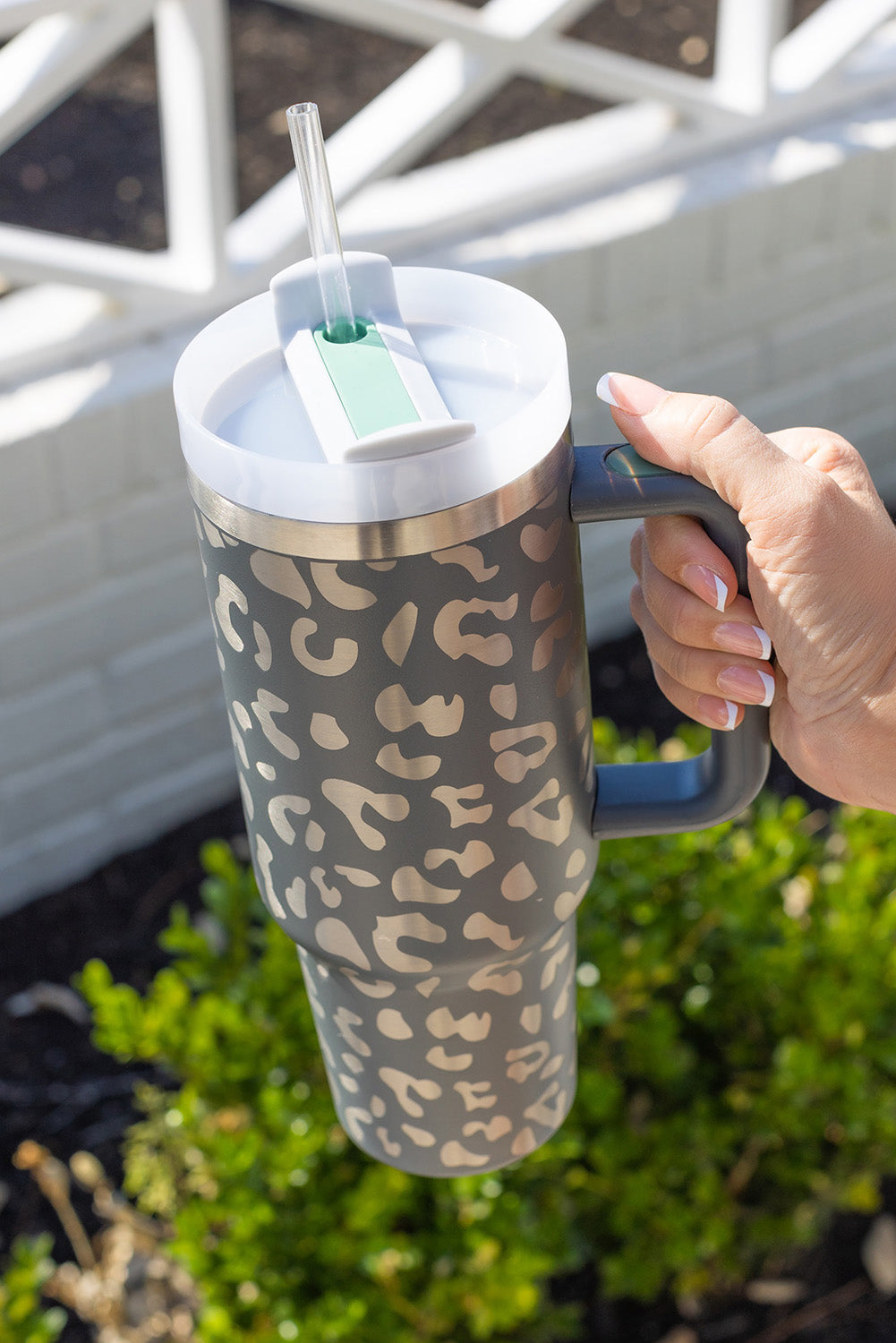 Gray Leopard Print 40OZ Stainless Steel Portable Cup with Handle - The Red Leopard Boutique 