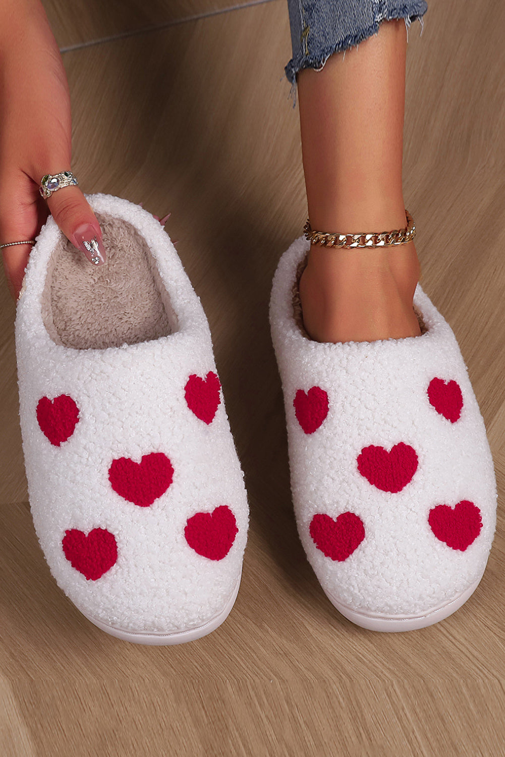 White Valentines Day Hearts Print Plush House Slippers - The Red Leopard Boutique 