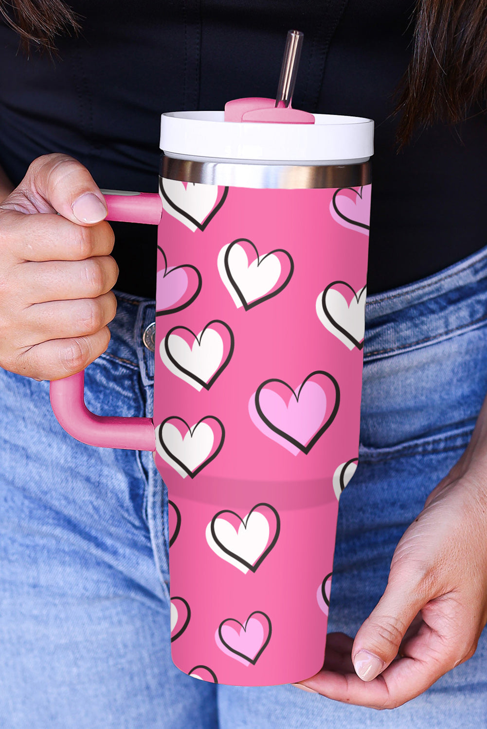 Rose Red Valentines Heart Printed Thermos Cup with Handle - The Red Leopard Boutique 