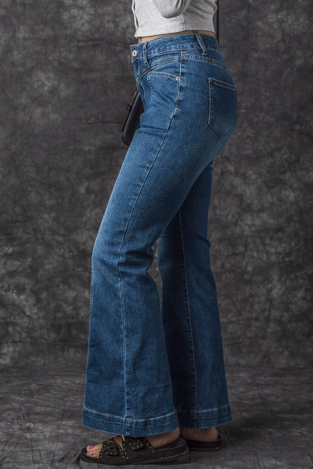 Blue High Waist Seam Stitching Pocket Flare Jeans - The Red Leopard Boutique 