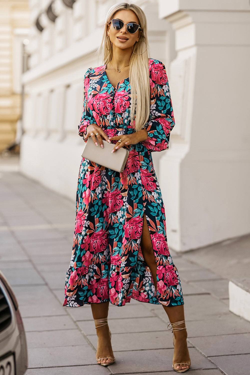 Fiery Red V Neck Elastic High Waist Split Floral Dress - The Red Leopard Boutique 