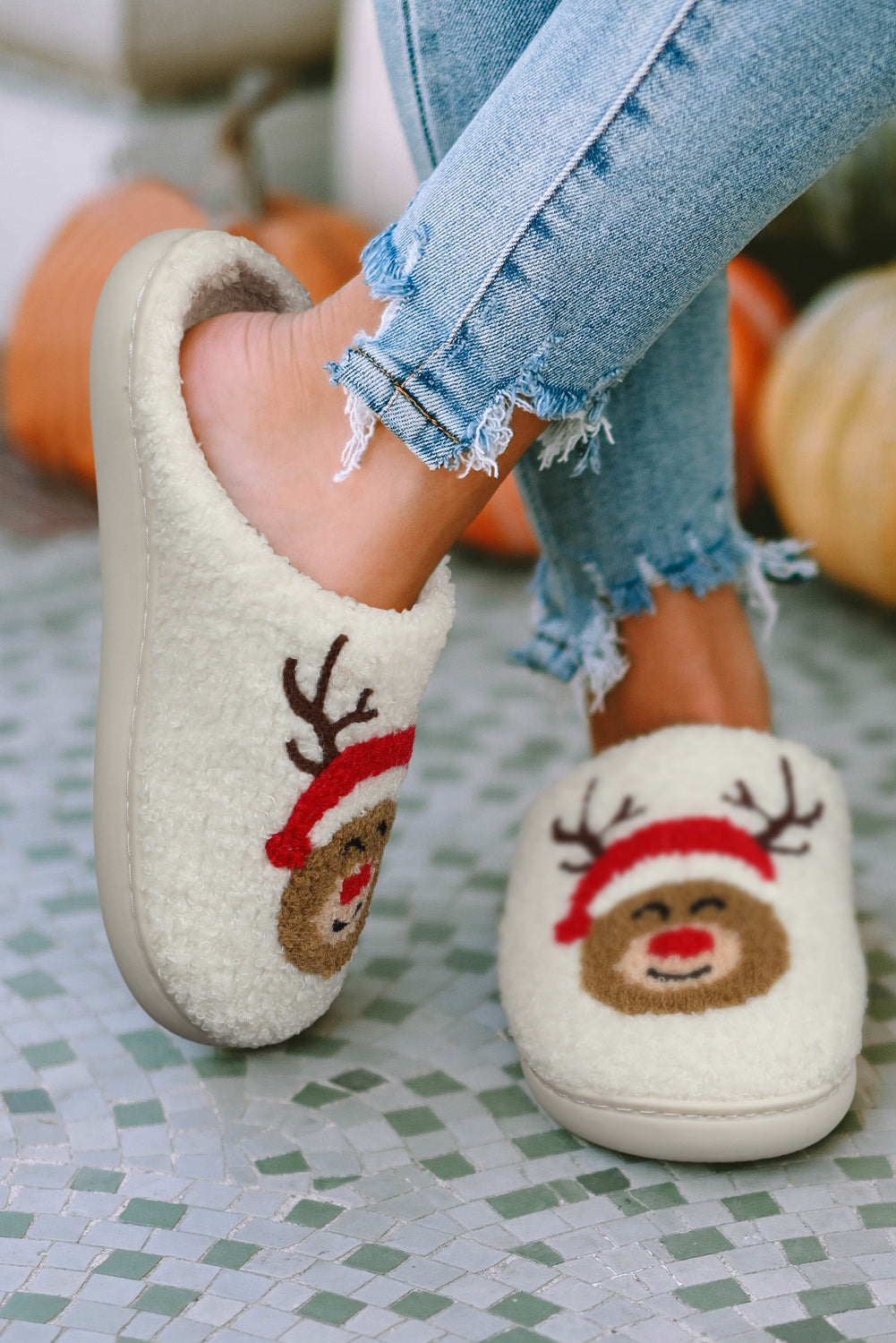 White Christmas Deer Home Indoor Plush Slippers - The Red Leopard Boutique 