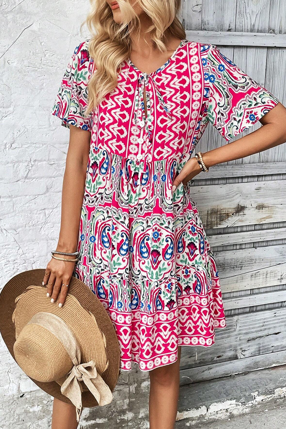 Pink Bohemian Tie Neck Flounce Sleeve Ruffle Hem Mini Dress