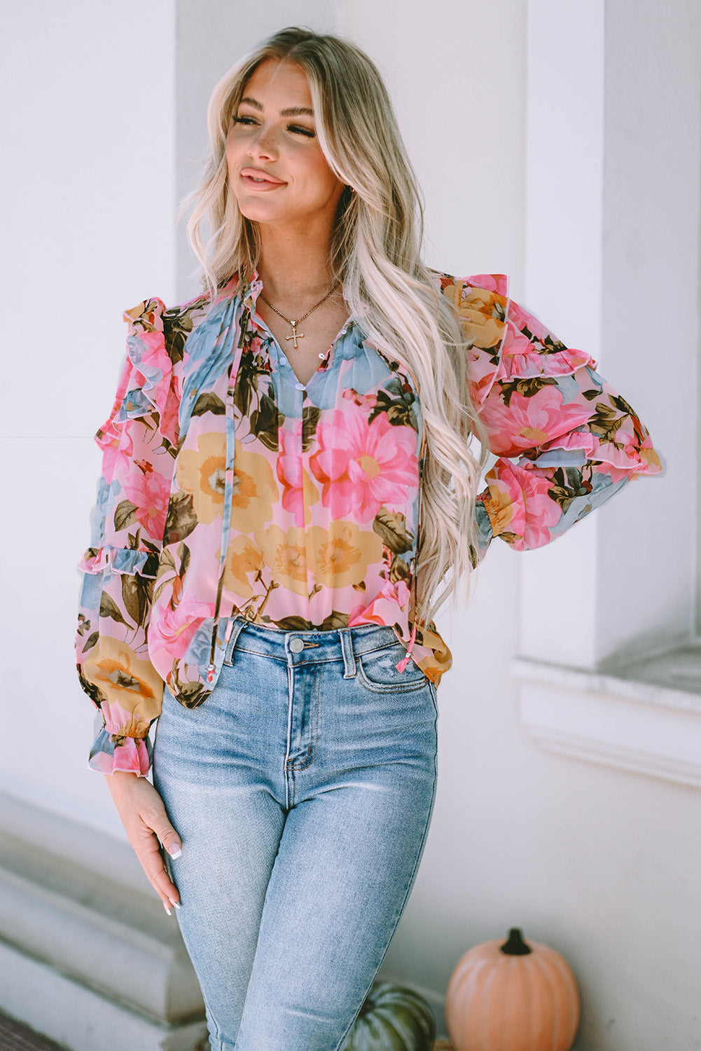 Ruffled Printed Tie Neck Flounce Sleeve Blouse