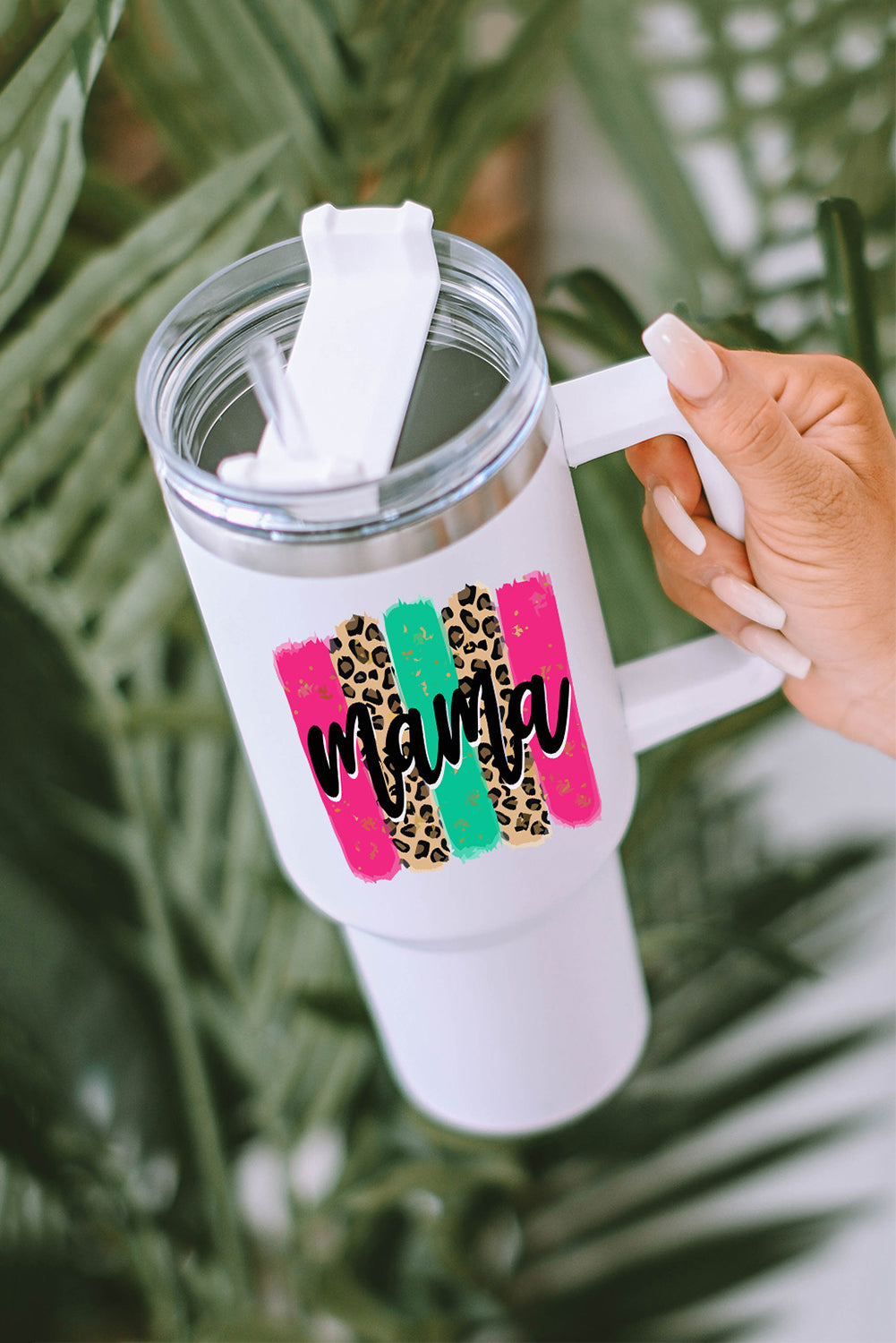 White mama Leopard Colorblock Handle Portable Cup 40oz - The Red Leopard Boutique 