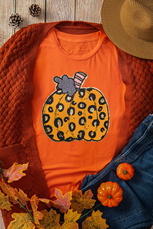 Orange  Leopard Pumpkin Crew Neck Graphic Tee