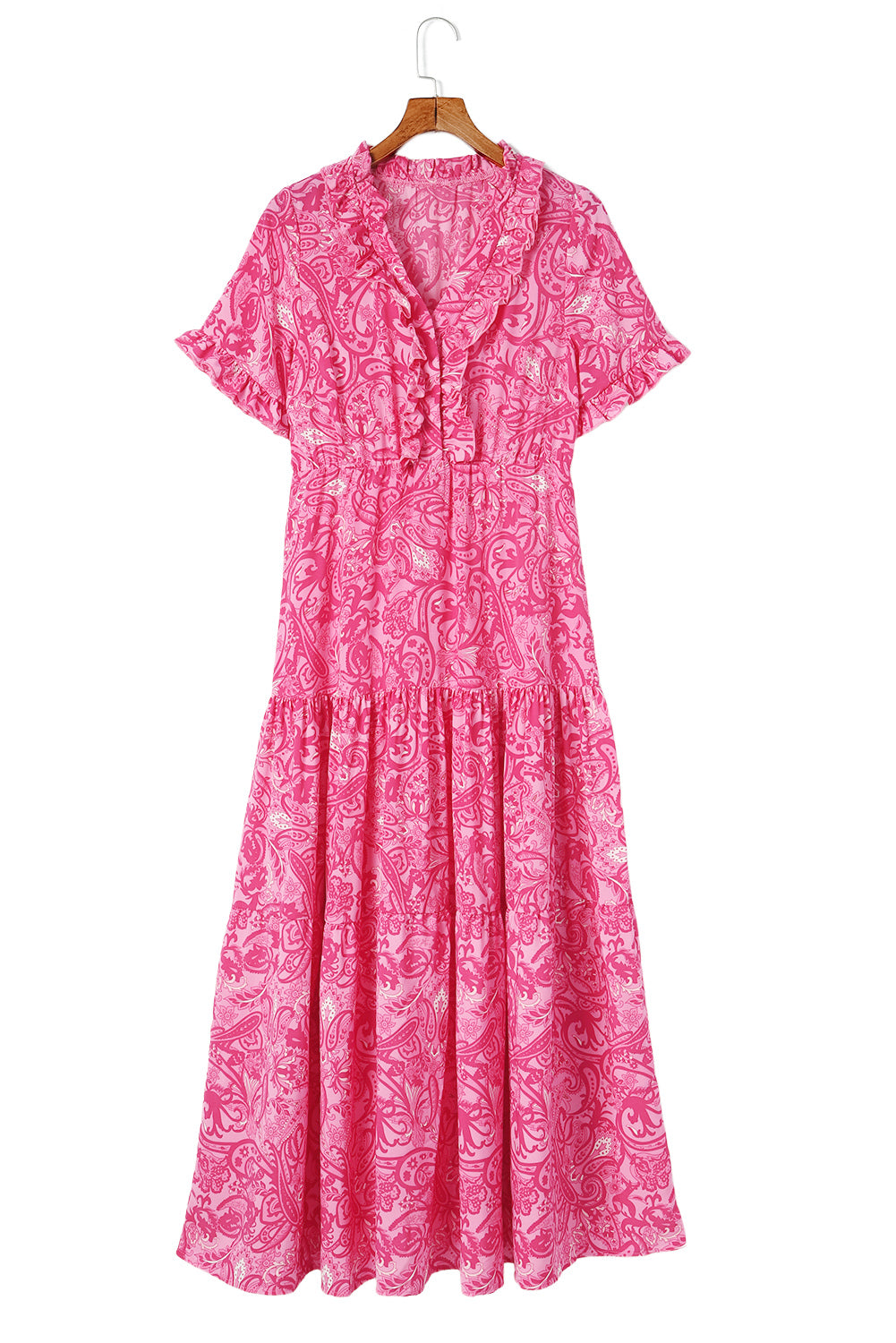 Pink Paisley Print Boho Holiday Ruffle Tiered Maxi Dress - The Red Leopard Boutique 