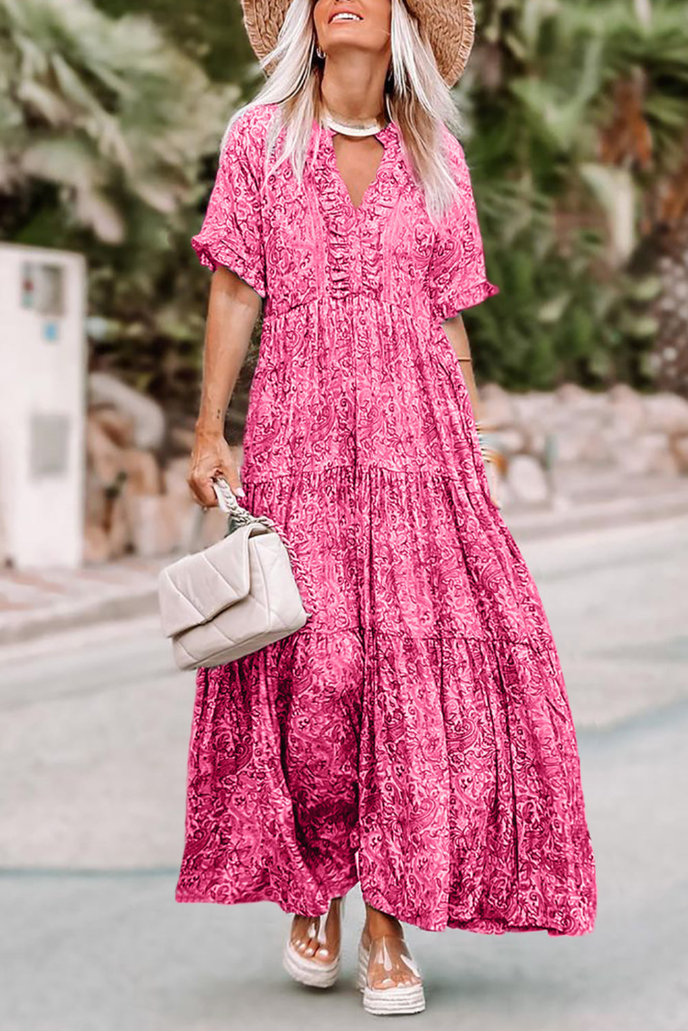 Pink Paisley Print Boho Holiday Ruffle Tiered Maxi Dress - The Red Leopard Boutique 