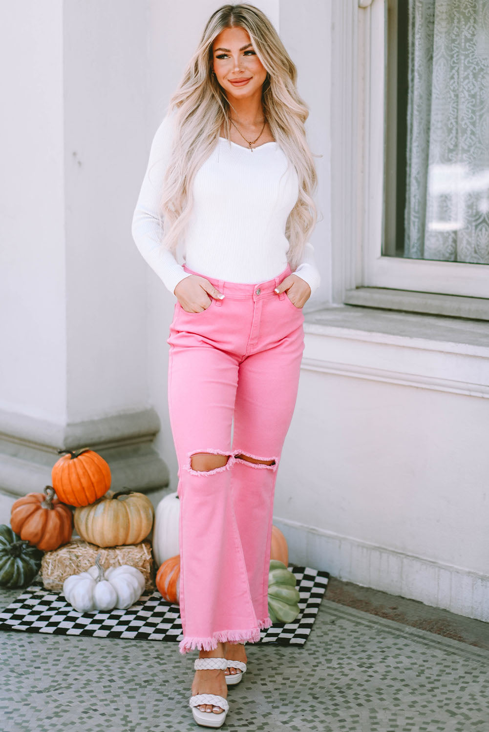 Pink Vintage High Waist Flare Leg Ripped Raw Hem Jeans - The Red Leopard Boutique 