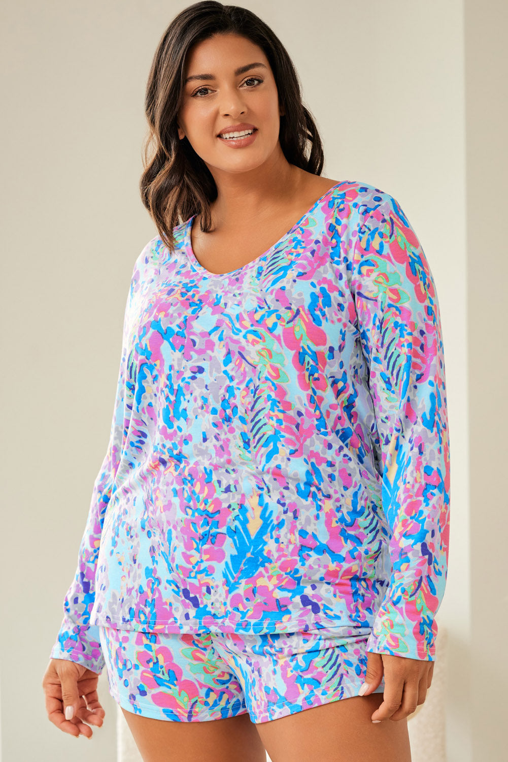 Sky Blue Plus Size Floral Print Long Sleeve and Shorts Lounge Outfit - The Red Leopard Boutique 