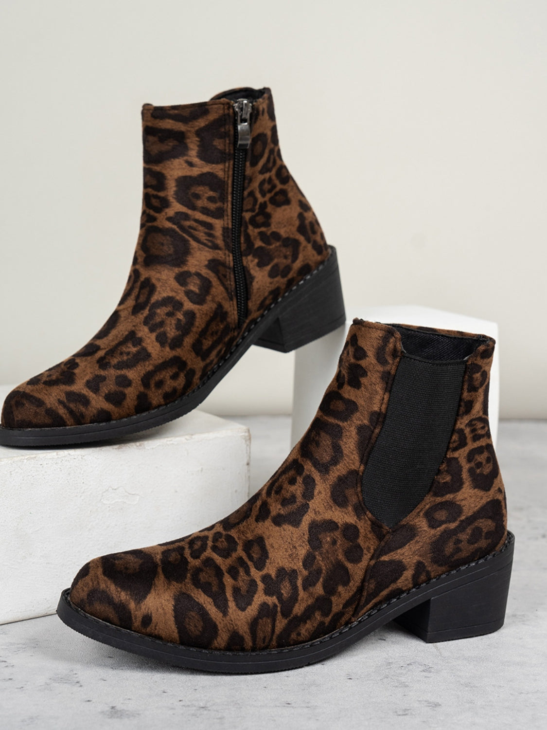 Leopard Point Toe Block Heel Boots