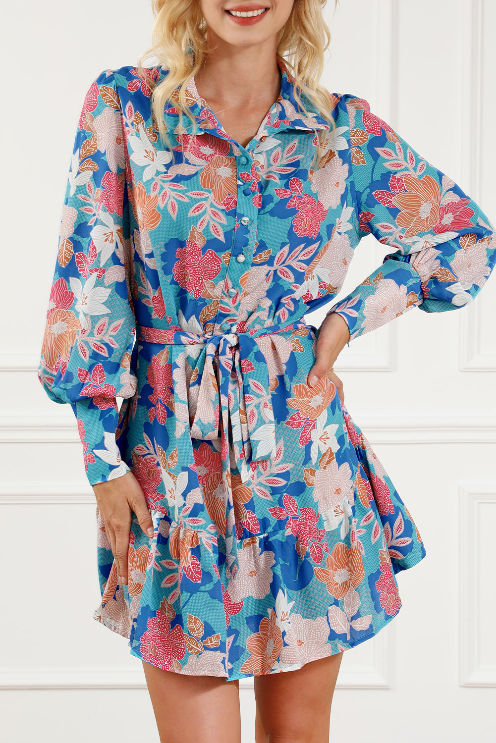 Blue Floral Print Lantern Sleeve Belted Shirt Dress - The Red Leopard Boutique 