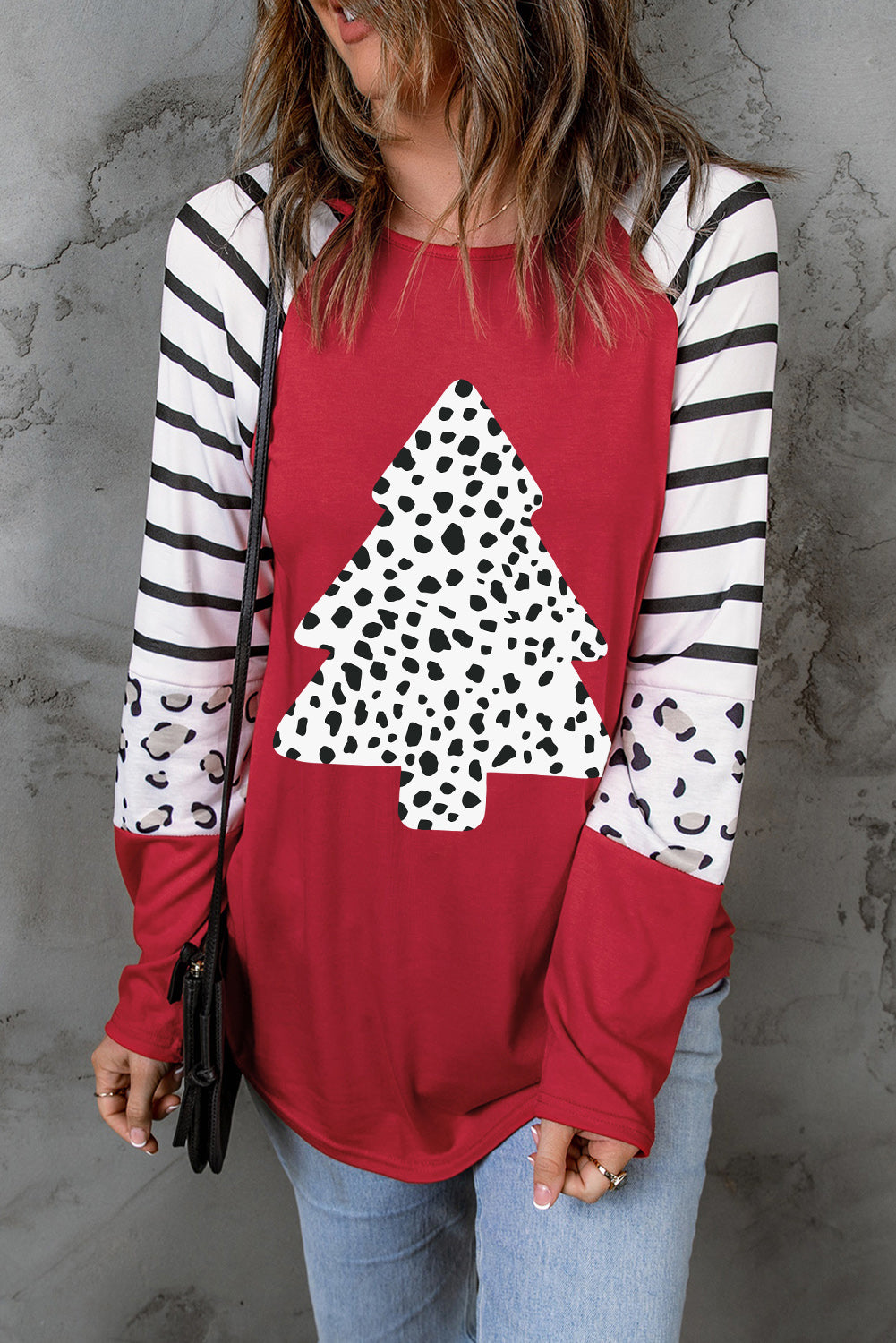 Red Leopard Christmas Tree Striped Graphic Top