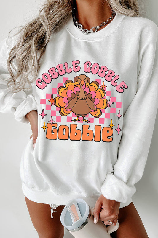 White Gobble Gobble Turkey Thanksgiving Graphic Sweatshirt