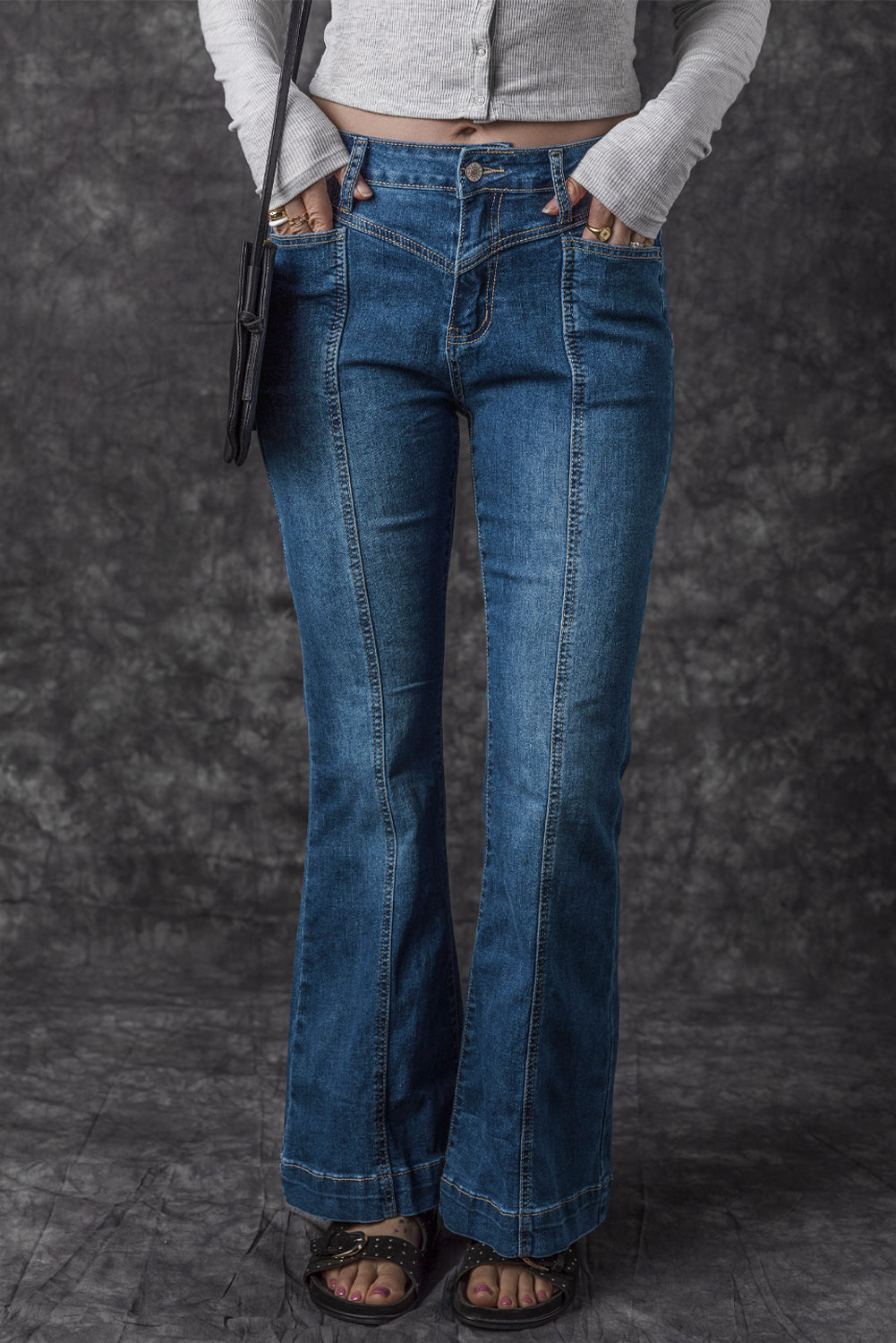 Blue High Waist Seam Stitching Pocket Flare Jeans - The Red Leopard Boutique 