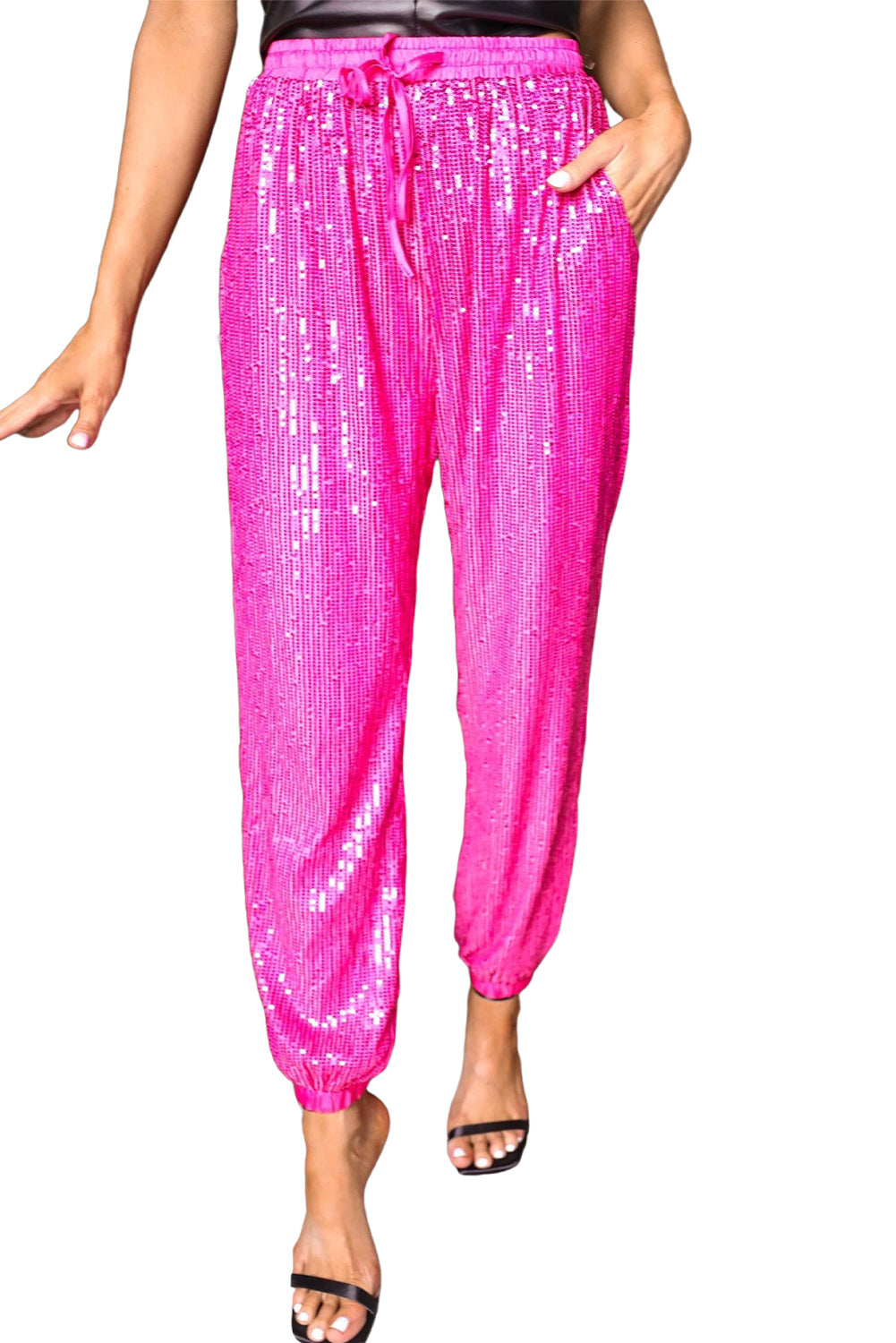 Rose Tie High Waist Sequin Jogger Pants - The Red Leopard Boutique 