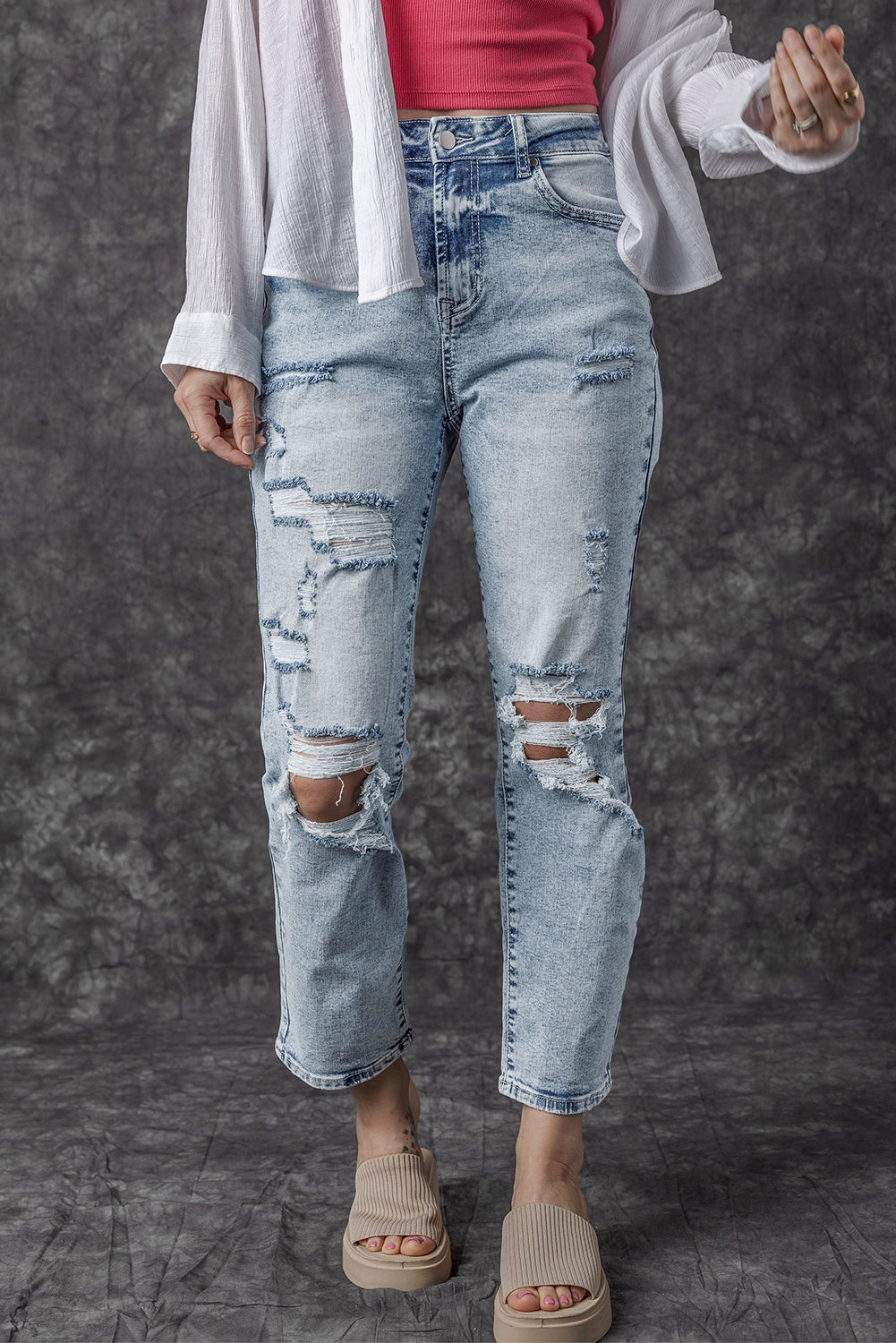 Sky Blue Light Wash Frayed Slim Fit High Waist Jeans - The Red Leopard Boutique 