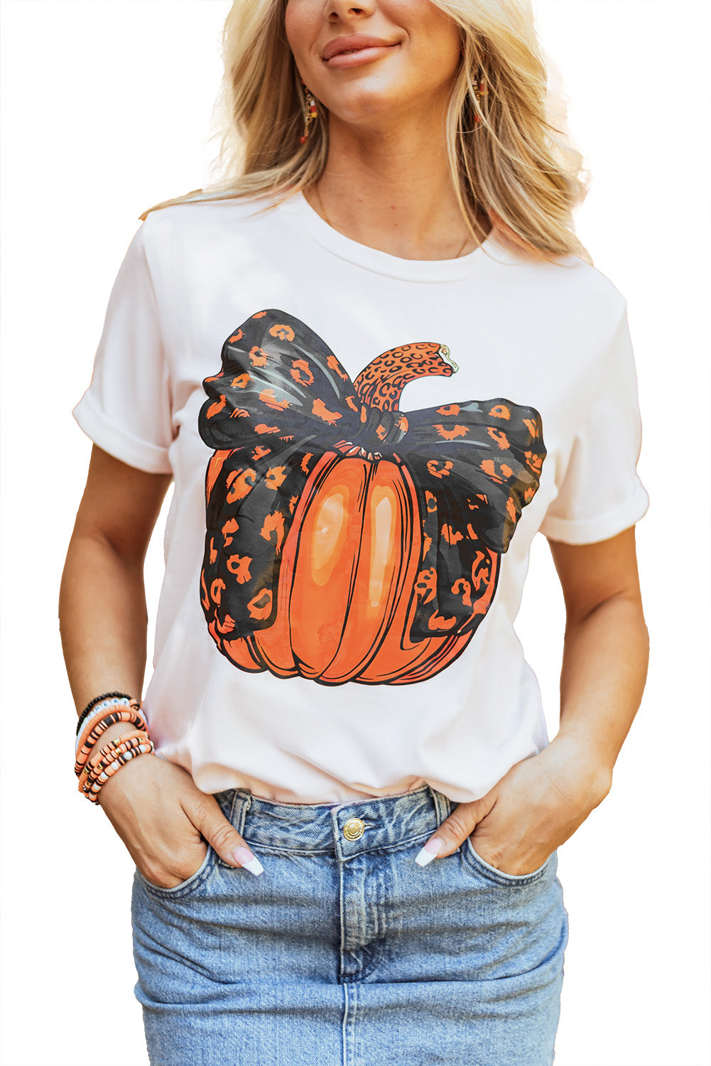 White Bowknot Pumpkin Graphic Crewneck T Shirt