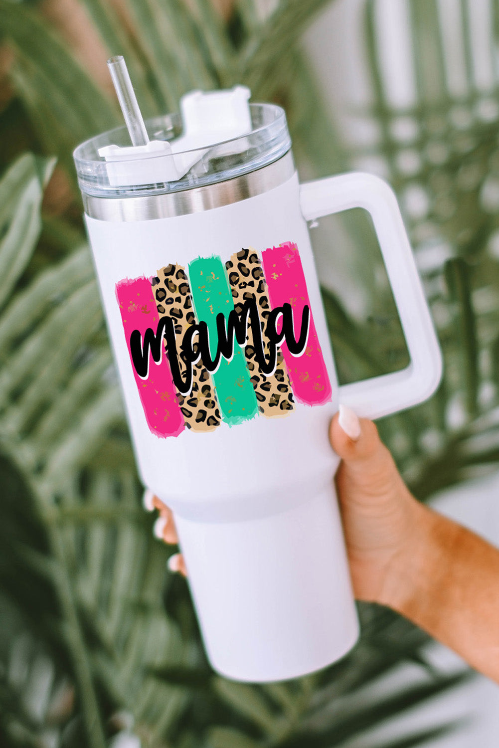 White mama Leopard Colorblock Handle Portable Cup 40oz - The Red Leopard Boutique 