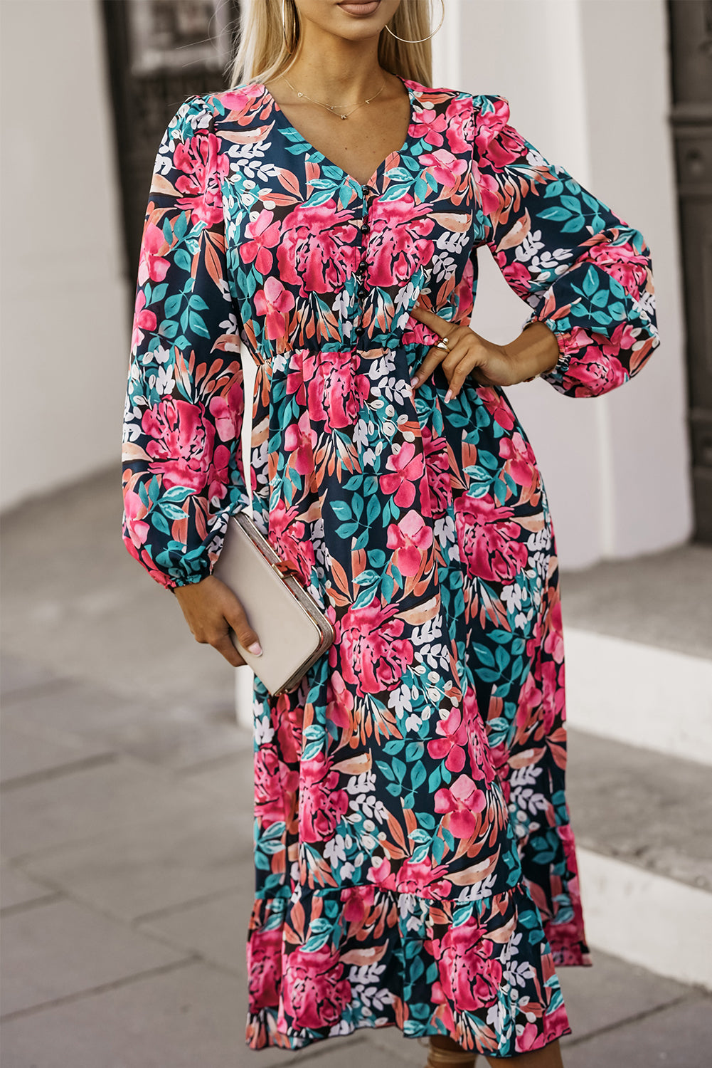 Fiery Red V Neck Elastic High Waist Split Floral Dress - The Red Leopard Boutique 