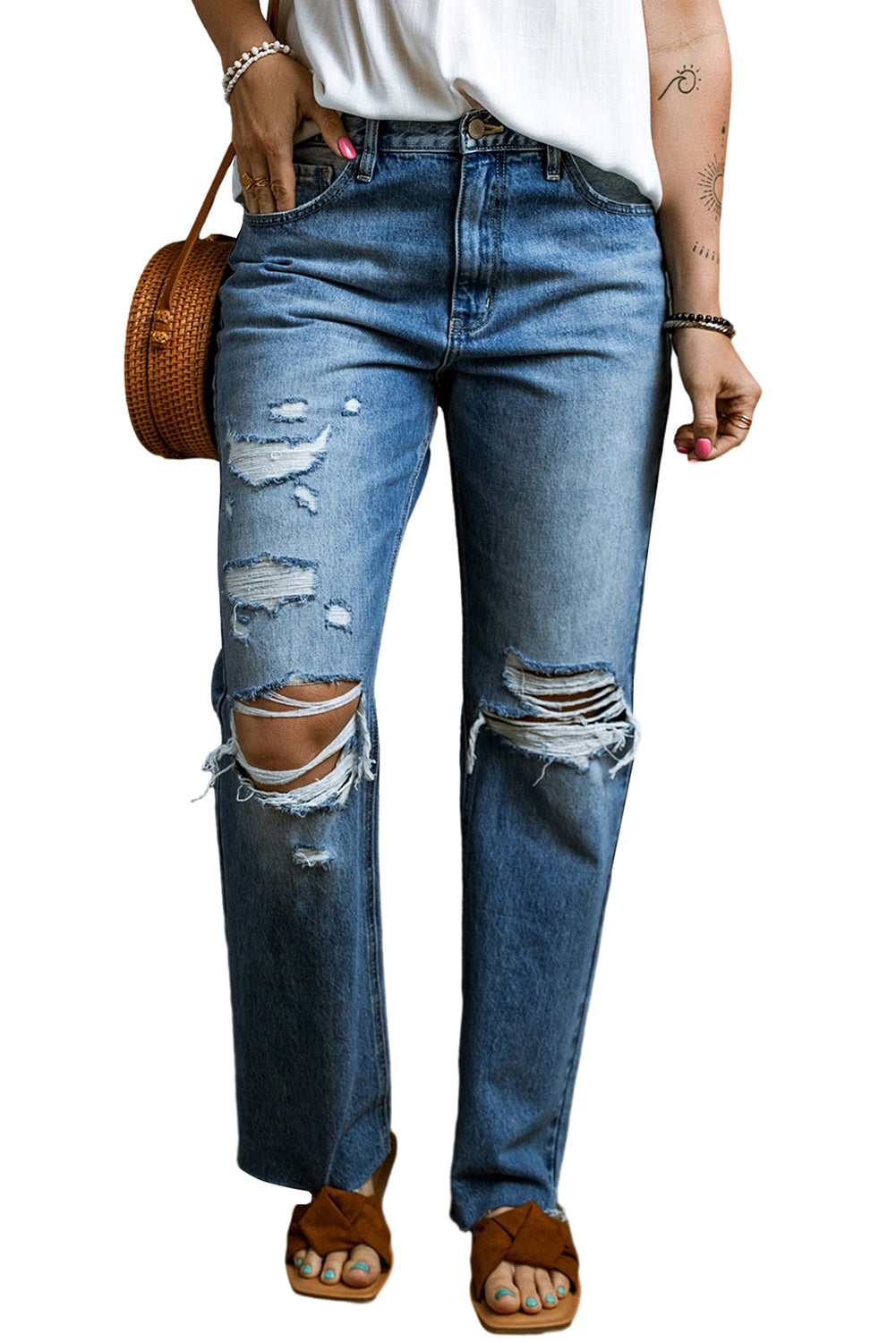 Light Blue Acid Wash Distressed Straight Leg Jeans