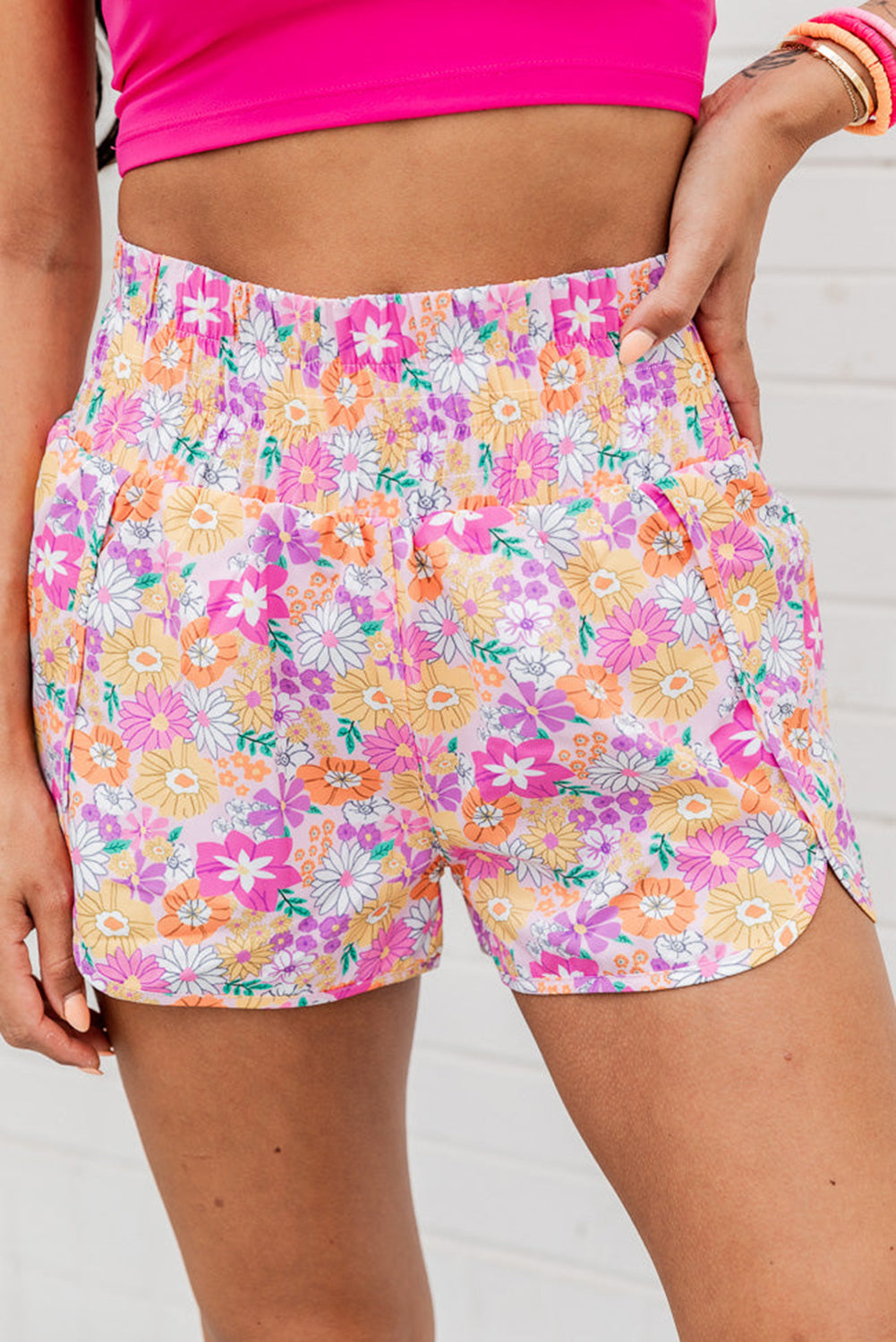 Orange Retro Floral Shirred High Waist Athletic Shorts