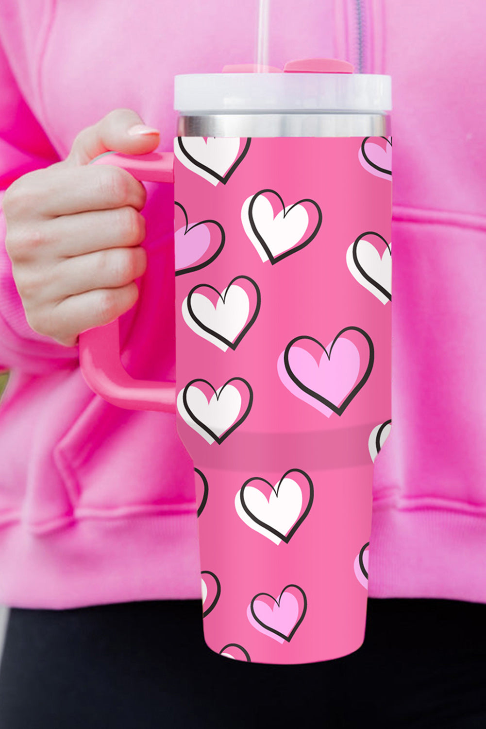 Rose Red Valentines Heart Printed Thermos Cup with Handle - The Red Leopard Boutique 