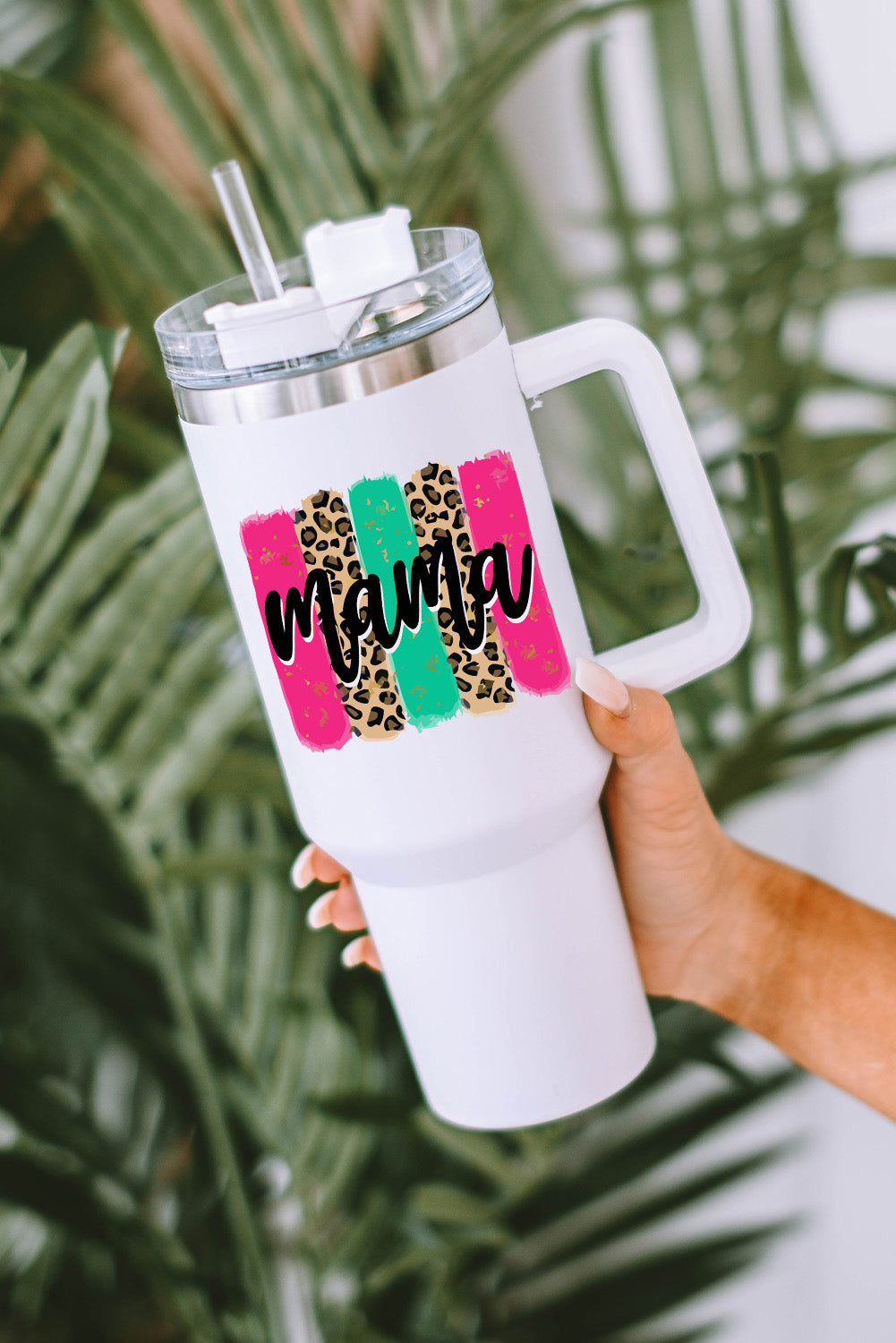 White mama Leopard Colorblock Handle Portable Cup 40oz - The Red Leopard Boutique 