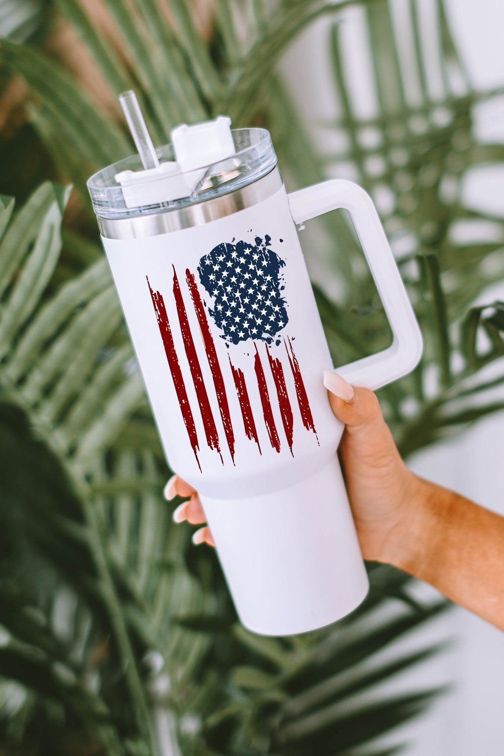 White American Flag Print Stainless Steel Portable Tumbler Mug with Straw