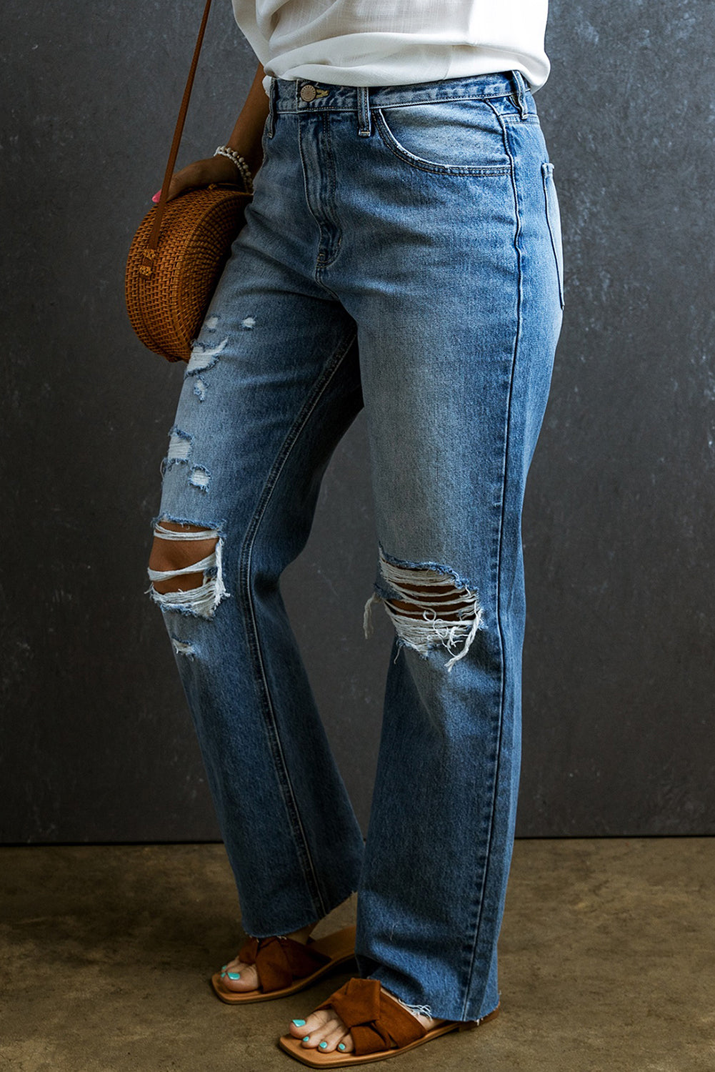 Light Blue Acid Wash Distressed Straight Leg Jeans