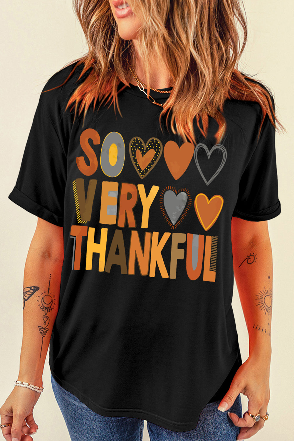 Black So Very Thankful Heart Printed Crewneck Thanksgiving T Shirt