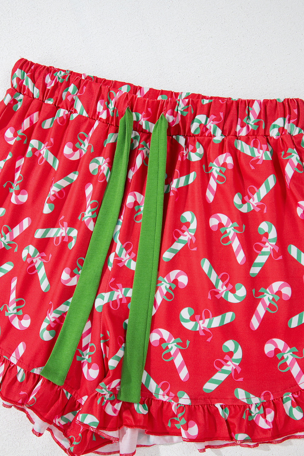 Green Christmas Candy Cane Print Pocketed Knotted Pajama Set