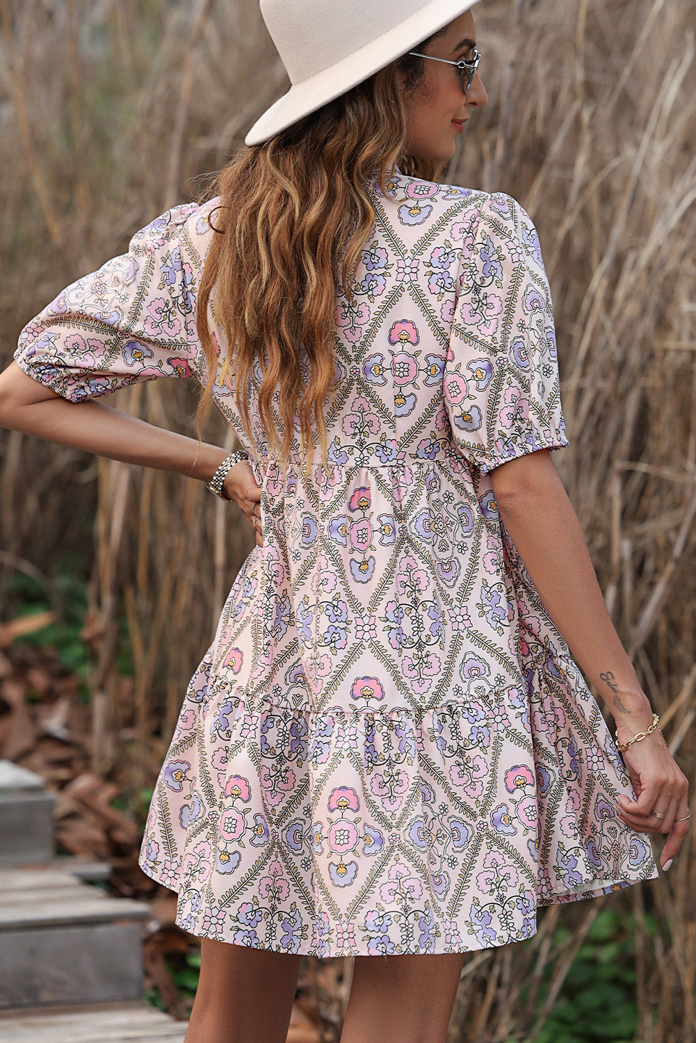 Pink Floral Button Shirt Collar Puff Sleeve Ruffle Dress - The Red Leopard Boutique 