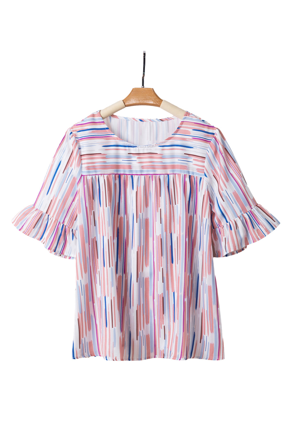 White Colorblock Striped Ruffle Half Sleeve Blouse