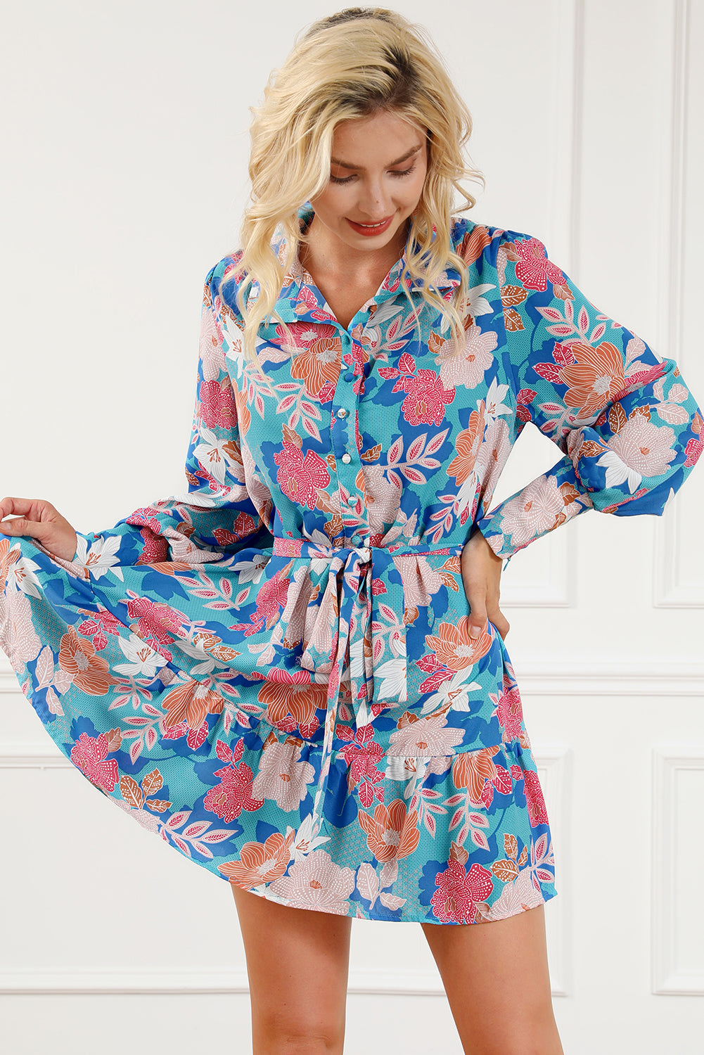 Blue Floral Print Lantern Sleeve Belted Shirt Dress - The Red Leopard Boutique 