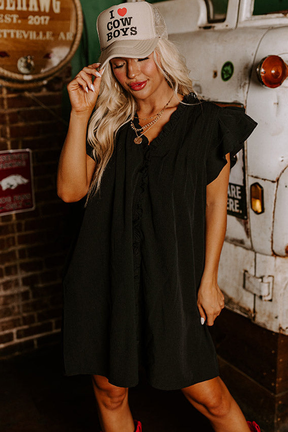 Black Ruffle Sleeve V Neck Frilled Shift Dress - The Red Leopard Boutique 