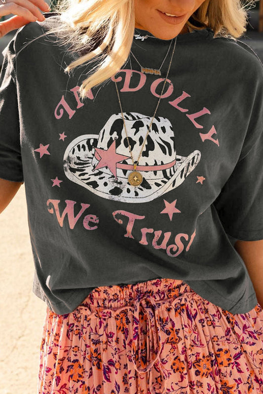 Gray WE TRUST IN DOLLY Western Fashion Graphic Tee - The Red Leopard Boutique 