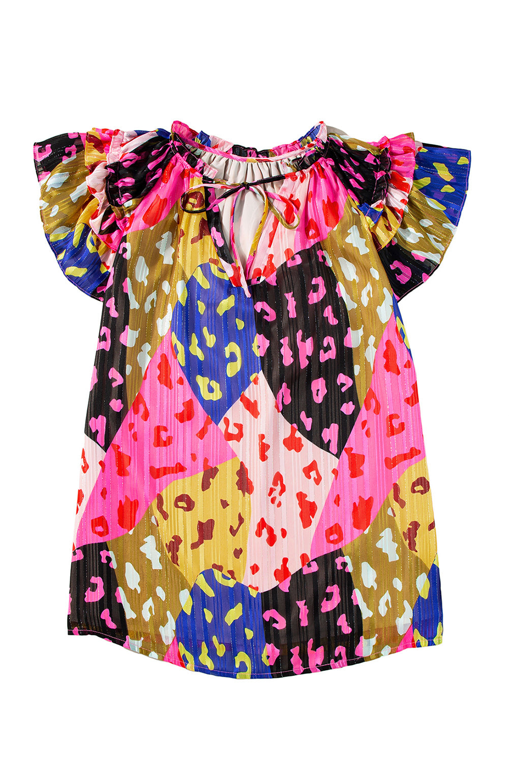 Multicolour Leopard Flutter Sleeve V Neck Crinkled Blouse