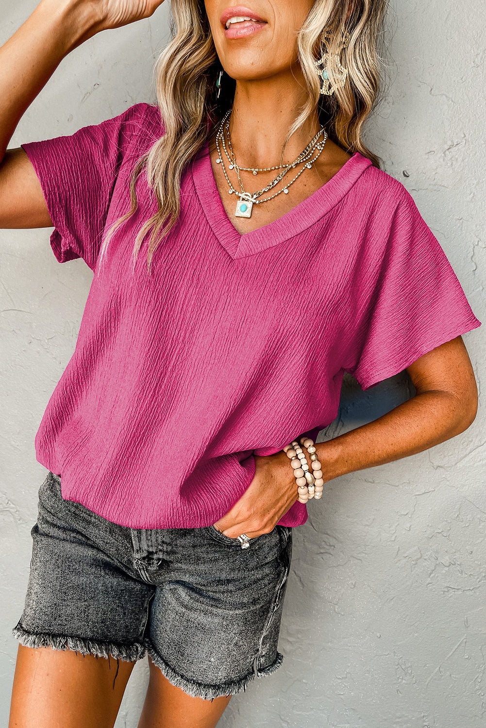 Black Crinkled V Neck Wide Sleeve T-shirt