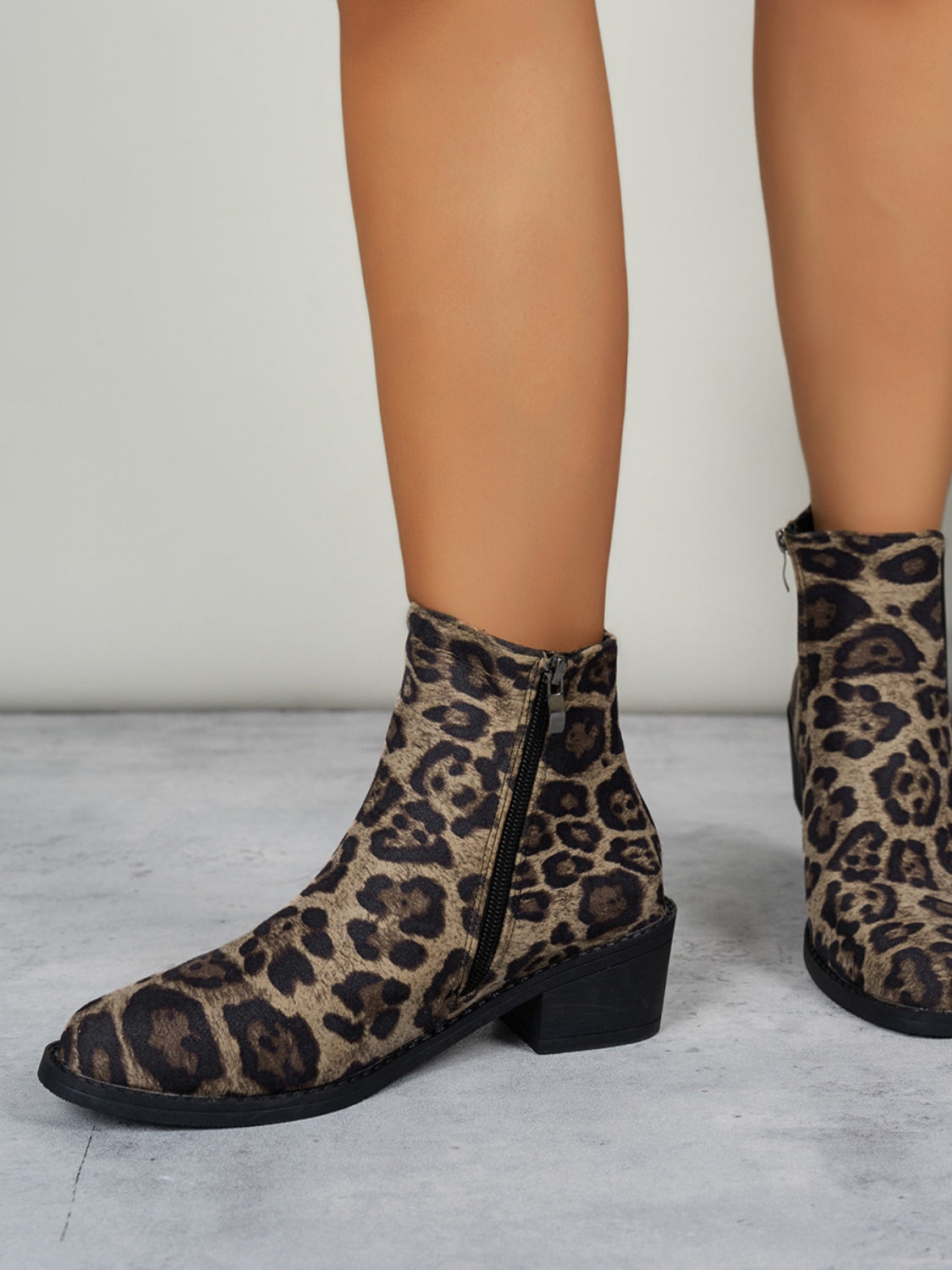 Leopard Point Toe Block Heel Boots