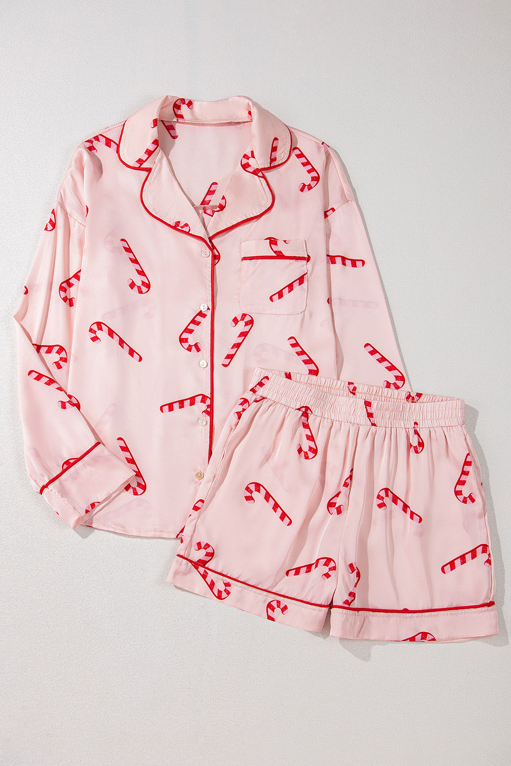 Pink Christmas Candy Cane Print Shirt and Shorts Pajama Set