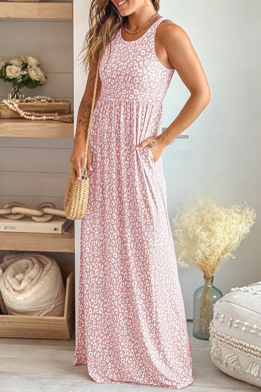 Pink Leopard Print Pocketed Sleeveless Maxi Dress - The Red Leopard Boutique 