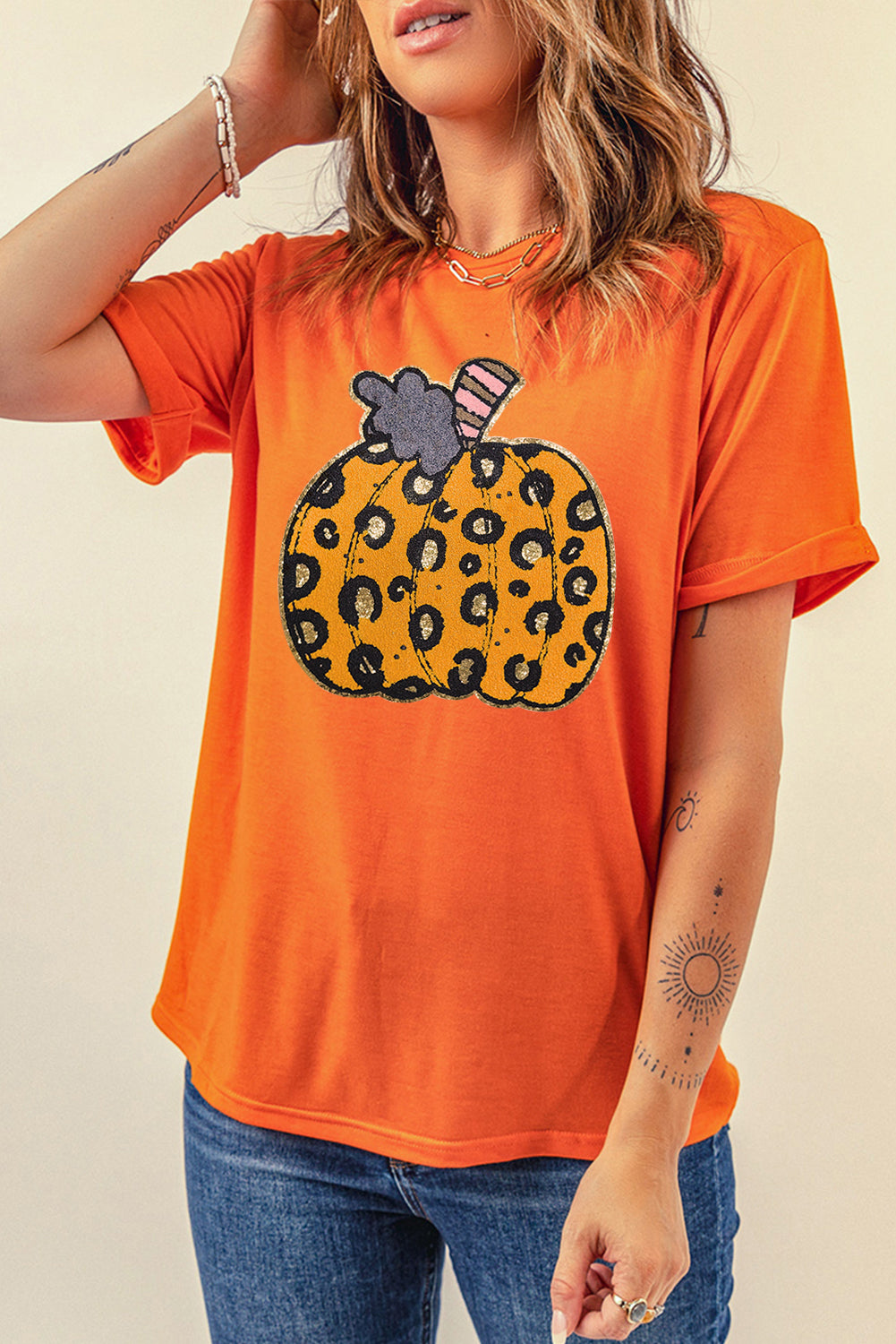 Orange  Leopard Pumpkin Crew Neck Graphic Tee